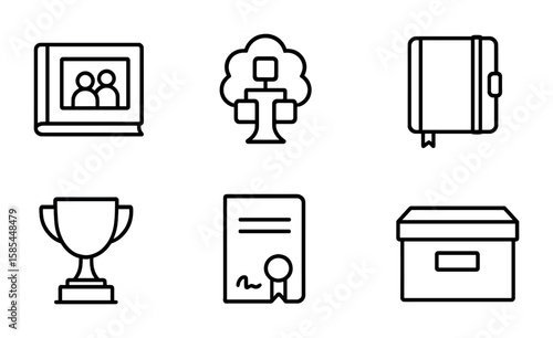 Legacy Icons Collection. Outline icon set of legacy and memory: photo album, family tree, diary, candle,
