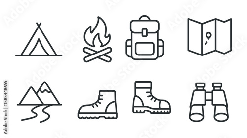 Peaceful Travel Icons. Outline icon set of peaceful travel: tent, campfire, backpack, map, mountains, river,