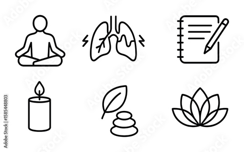 Mental Clarity Techniques. Outline icon set of mental clarity techniques: meditation pose, breathing lungs,