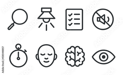 Concentration Technique Icons. Outline icon set of concentration techniques: focus lens, spotlight, checklist,