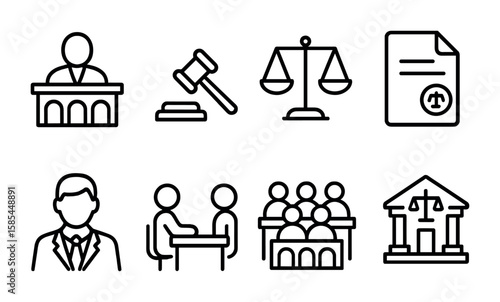 Civil Rights Icons. Outline icon set of Civil rights legal cases: courtroom, judge's hammer, law scales, legal
