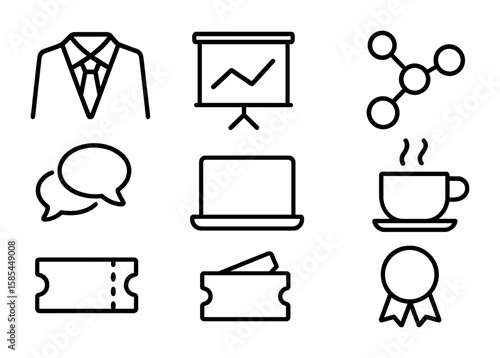 Professional Meetup Icons. Outline icon set of Professional meetups: business suit, presentation screen,