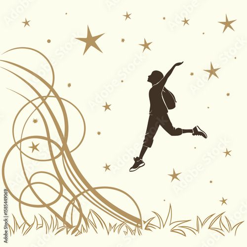Silhouette Boy Jumping with Stars Vector