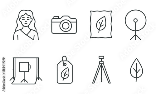 Organic Fashion Icons. Outline icon set of Organic fabric fashion photography: eco model, camera, linen fabric