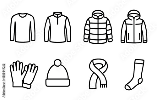 Winter Layering Icons. Outline icon set of Winter layering system: base layer, mid layer, insulating jacket,