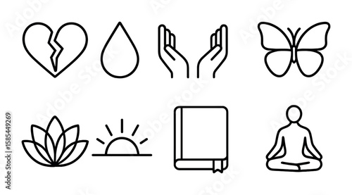 Emotional Healing Icons. Outline icon set of emotional healing: broken heart, teardrop, open hands, butterfly,
