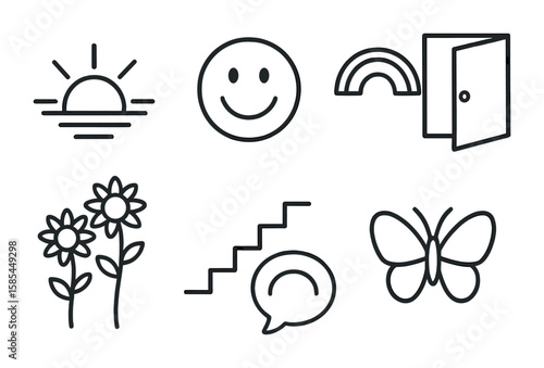 Positive Mindset Icons. Outline icon set of positive mindset shift: sunrise, smiley face, sunflowers, open
