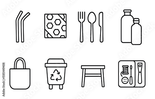 Zero Waste Icon Set. Outline icon set of zero waste lifestyle essentials: reusable straws, beeswax wraps,