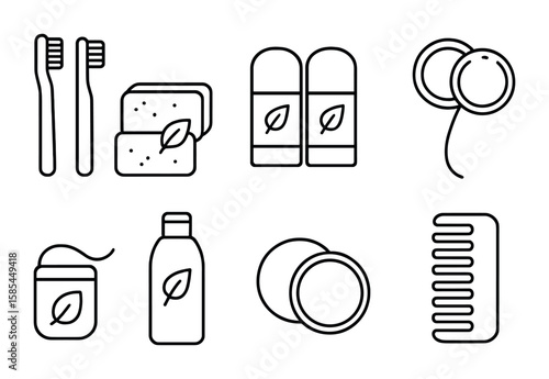 Eco-Friendly Care Icons. Outline icon set of biodegradable personal care products: bamboo toothbrushes,