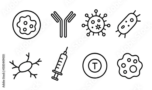 Immune System Icon Set. Outline icon set of How our immune system works: white blood cell, antibody, virus,