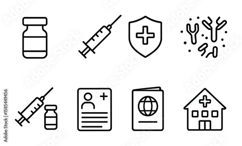 Vaccination Icons Set. Outline icon set of Vaccination and immunity: vaccine vial, injection needle, immune