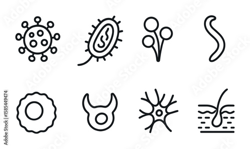 Pathogen Defense Icons. Outline icon set of Pathogens and immune defense: virus particle, bacterial cell,