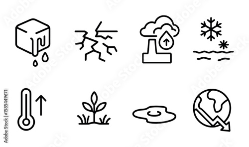 Permafrost Thawing Icons. Outline icon set of permafrost thawing: melting ice, cracked ground, greenhouse gas