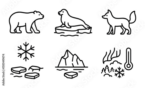 Arctic Ecosystem Icons. Outline icon set of Arctic ecosystems: polar bears, seals, snowflakes, icy waters,
