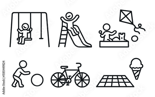 Playful Park Icons. Outline icon set of kids playing in the park: swing set, slide, sandbox, kite, ball,