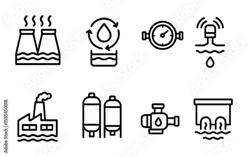 Industrial Water Icons. Outline icon set of industrial water efficiency: cooling towers, water recycling