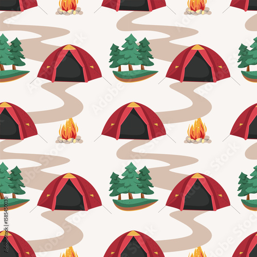 Seamless summer camp pattern, travel and overnight in the forest. Outdoor camping adventure elements. Campfire, tent, forest for wallpaper, fabric. Hand drawn cartoon vector hiking tourism background