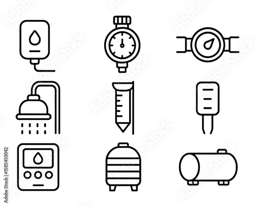 Water Conservation Icons. Outline icon set of water conservation tools: leak detector, water timer, flow meter