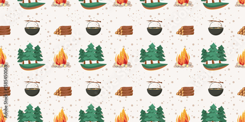 Seamless summer camp pattern, travel and overnight in the forest. Outdoor camping adventure elements. Campfire, forest, fire woods for wallpaper, fabric. Hiking tourism items on beige tan background