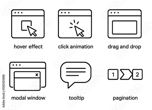 Web Interaction Icons. Outline icon set of website interaction design: hover effect, click animation, drag and