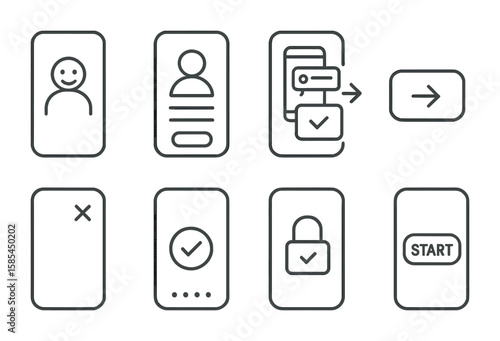 Mobile App Icon Set. Outline icon set of mobile app onboarding: welcome screen, sign up form, tutorial steps,