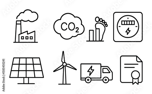 Carbon Emissions Icons. Outline icon set of carbon emissions from clothing: factory chimney, CO2 molecule,