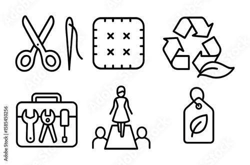 Recycling Fashion Icons. Outline icon set of recycling and upcycling fashion: scissors, sewing needle, patch,
