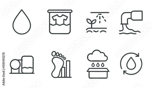 Fashion Water Icons. Outline icon set of water usage in fashion: water drop, dyeing vat, irrigation,