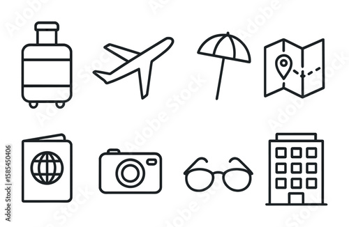 Summer Travel Icons. Outline icon set of summer travel planning: suitcase, airplane, beach umbrella, map,