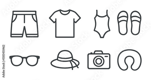 Summer Packing Essentials. Outline icon set of summer packing list: shorts, t-shirt, swimwear, sandals,