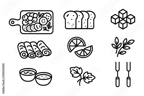 Party Food Icons. Outline icon set of party food arrangement: charcuterie board, sliced bread, cheese cubes,