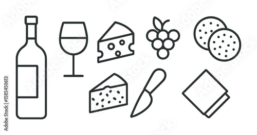 Wine and Cheese Icons. Outline icon set of wine and cheese tasting: wine bottle, wine glass, cheddar, blue