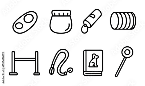 Pet Training Tools. Outline icon set of pet training tools: clicker, treat pouch, training whistle, agility