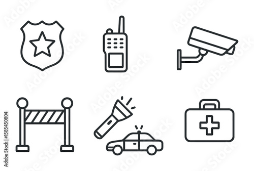 Event Security Icons. Outline icon set of event security: badge, walkie-talkie, barrier, security camera,