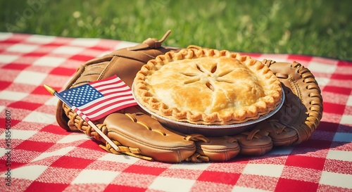 A pie sits on a baseball glove next to an American flag, all on a red and white checkered blanket outdoors.