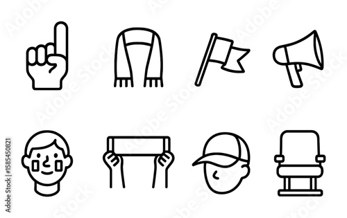 Sports Fan Icons. Outline icon set of sports fans: foam finger, scarf, team flag, cap, megaphone, face paint,