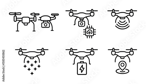 Drone Technology Icons. Outline icon set of drone technology evolution: prototype drone, modern drone, AI