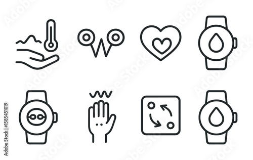 Wearable Biometric Icons. Outline icon set of biometric sensors in wearables: skin temperature sensor, ECG