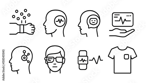 Future Health Innovations Icons. Outline icon set of future wearable health innovations: nano sensors,