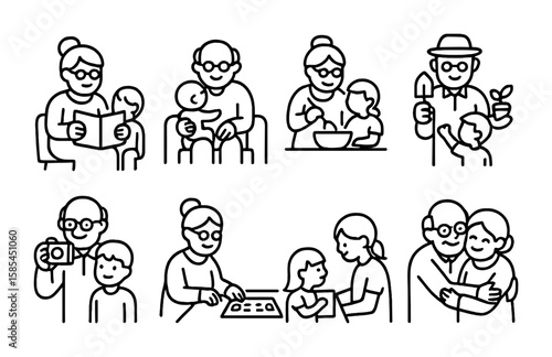 Modern Grandparents Icons. Outline icon set of grandparents' role in modern families: storytelling,
