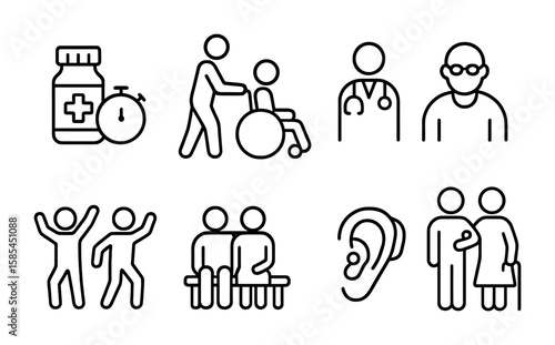 Elderly Care Icons. Outline icon set of elderly care and support: medication reminder, wheelchair assistance,