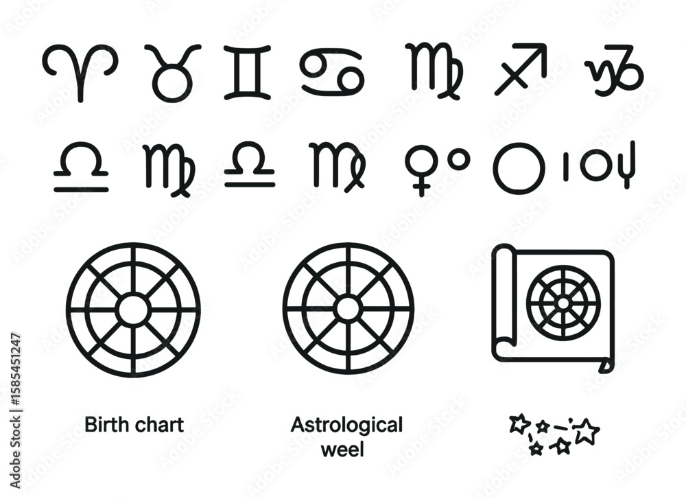 Astrology Icon Set. Outline icon set of astrology and lunar influence: zodiac signs, birth chart, astrological