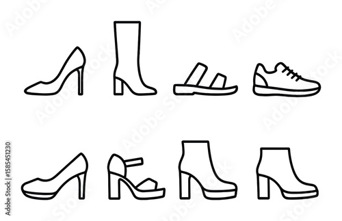 Footwear Icon Collection. Outline icon set of footwear on runway: stilettos, boots, sandals, sneakers, loafers
