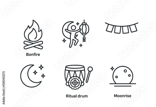 Lunar Celebration Icons. Outline icon set of lunar celebrations: bonfire, moon dance, lanterns, prayer flags,