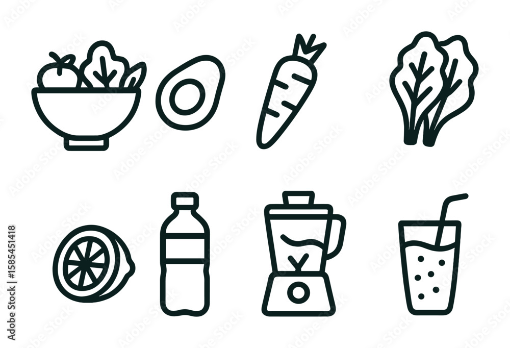 Fototapeta premium Healthy Cooking Icons. Outline icon set of healthy cooking: salad bowl, avocado, carrot, leafy greens, lemon,