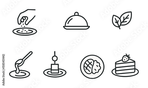 Food Presentation Icons. Outline icon set of food presentation: garnishing, plating, serving tray, decorative