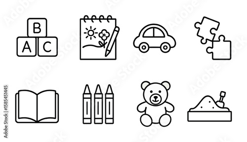 Child Development Icons. Outline icon set of child development activities: building blocks, drawing pad, toy