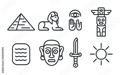 Ancient Civilization Icons. Outline icon set of ancient civilizations: pyramid, sphinx, hieroglyph, totem pole