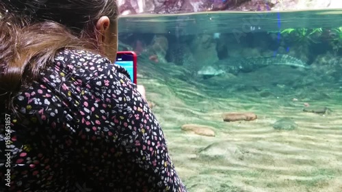Little girl taking pictures of crocodile underwater in aquarium