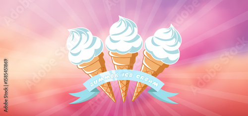 Vector wide banner. Lettering on ribbon, summer ice cream. cartoon three tasty cool cones. Toon cloudy skies.